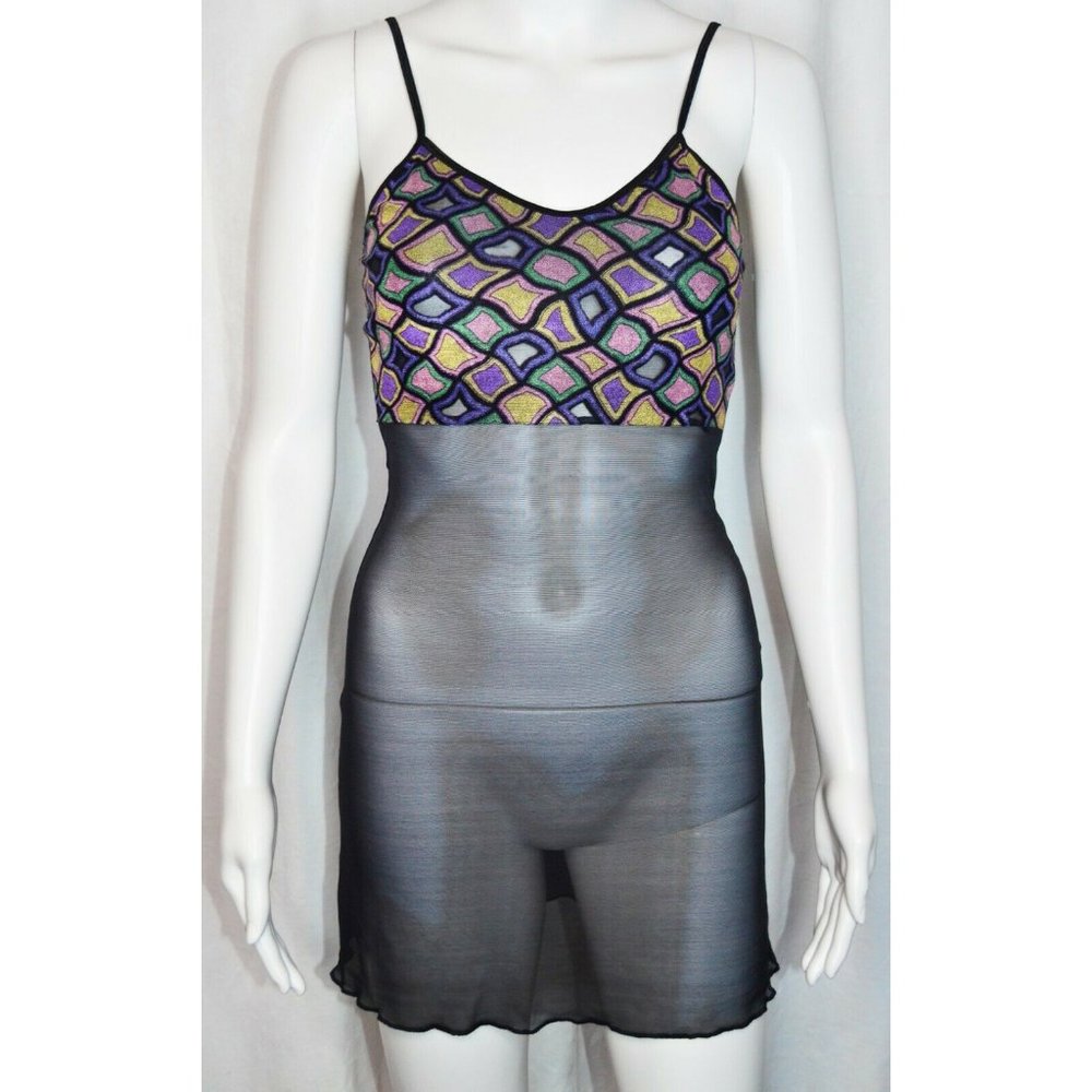 Biatta Intimates Sheer Chemise Nightie Spaghetti Straps Geometric Black Size S